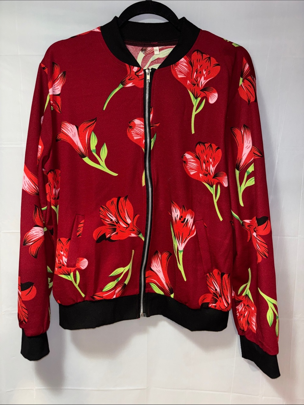 Source Unknown Red Floral Bomber Jacket with Black Trim